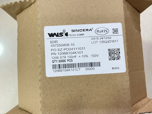1206B104K101CT – MLCC 1206 case X7R dielectric 0.1µF ±10% 100V rated low ESR wide -55°C to +125°C range perfect for decoupling and power filtering