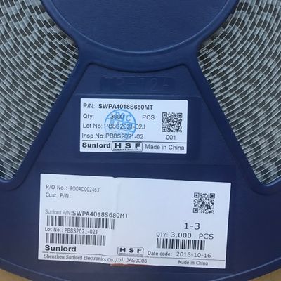SWPA4018S680MT 68μH Power Inductor with 20% Tolerance 4018 Size 1.24A Sat Current 1.15A Temp Rise Current Shielded Construction -40°C to 125°C Range RoHS Compliant Tape & Reel Packaging