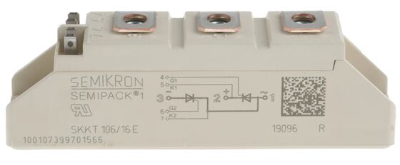 SKKT106/16E 1600V 106A Dual Thyristor Module Low VF 1.35V 2.4kA Surge AlN Ceramic Base Pressure Contacts SEMIPACK1 Isolated UL Certified for Soft Starters and Drives