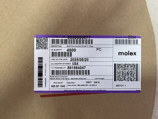 0039000077 2.36mm Diameter Tin-Plated Brass Spade Terminal Crimp Termination Non-Insulated 16-14 AWG 600V Rating 20A Current Reel Packaging for Automotive and Industrial Wiring